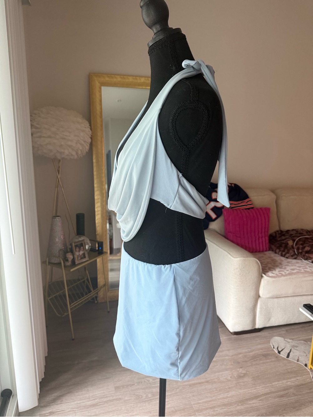 Oh Polly Light Blue Drape Front Crop Top & Mini Skirt Co-ord Set - Picture 5 of 8